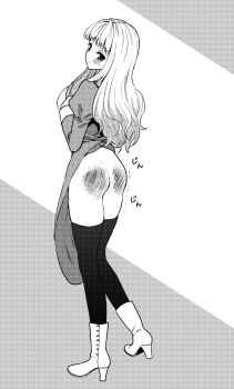1girl absurdres ass black_thighhighs blush boots character_request closed_mouth copyright_request dress emelia_(hirama) greyscale highres hirama long_hair monochrome sad slap_mark tears thighhighs white_boots