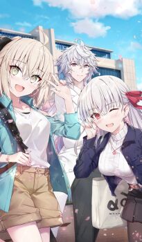 1boy 2girls :d ;d adjusting_hair ahoge aqua_jacket backpack bag belt black_skirt blonde_hair bracelet breasts brown_shorts cherry_blossoms closed_mouth commentary_request cowboy_shot day denim denim_jacket earrings falling_petals fate/grand_order fate_(series) gabiran game_asset green_eyes hair_between_eyes hair_ribbon holding_strap jacket jewelry kama_(fate) kama_(teenager)_(fate) leaning_forward long_hair looking_at_viewer medium_hair merlin_(fate) multiple_girls official_art okita_souji_(fate) one_eye_closed open_mouth outdoors petals pink_eyes purple_eyes ribbon school shirt shorts shoulder_bag sidelocks skirt smile standing sweater third-party_source w white_hair white_shirt white_sweater