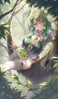 1girl antlers braid braided_bangs breasts ceres_fauna ceres_fauna_(1st_costume) cleavage commentary dress english_commentary flower gainoob green_dress green_hair green_nails hair_between_eyes hair_flower hair_ornament highres hololive hololive_english horns in_tree large_breasts long_hair looking_at_viewer mole mole_under_eye outdoors sapling_(ceres_fauna) sitting sitting_in_tree sitting_on_branch smile solo thighhighs tree tree_horns two-tone_dress virtual_youtuber white_dress white_thighhighs yellow_eyes