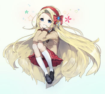 Rule 34 | 1girl, absurdly long hair, black shoes, blonde hair, blue eyes, bow, brown jacket, collared shirt, commentary, convenient skirt, cygnus (maplestory), eyelashes, full body, grin, hair bow, hairband, hands on own cheeks, hands on own face, invisible chair, jacket, kneehighs, loafers, long hair, maplestory, miniskirt, pleated skirt, red bow, red hairband, red skirt, school uniform, shirt, shoes, sitting, skirt, smile, socks, solo, symbol-only commentary, usalxlusa, very long hair, white shirt, white socks