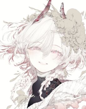 1girl animal animal_on_head beetle bird black_shirt braid bug cardigan close-up flower hair_flower hair_ornament highres hito_komoru horns insect looking_at_viewer medium_hair multiple_braids on_head original parted_lips pink_eyes portrait red_horns shirt simple_background smile solo white_background white_cardigan white_hair