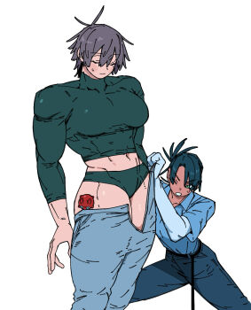 2girls abs belt biceps black_belt black_hair black_panties black_shirt blue_shirt blush breasts broad_shoulders brown_hair closed_eyes collared_shirt couple covered_abs curvy deltoids denim dressing height_difference highres jeans kirima_(peke07777) large_breasts multiple_girls muscular muscular_female navel open_pants original panties pants peke07777 shirt short_hair size_difference skin_tight skindentation sweatdrop tall_female thick_arms thick_thighs thighs tight_clothes tight_pants tight_shirt turtleneck turtleneck_shirt undersized_clothes underwear v-taper wardrobe_malfunction yona_(peke07777) yuri