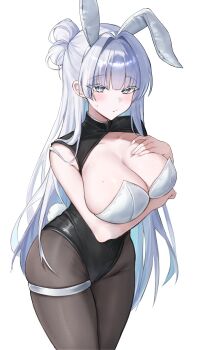 1girl 808_0 absurdres alternate_costume animal_ears black_leotard colored_eyelashes fake_animal_ears goddess_of_victory:_nikke highres leotard nayuta_(nikke) pantyhose playboy_bunny rabbit_ears simple_background solo thick_eyelashes unusually_open_eyes white_background white_eyelashes