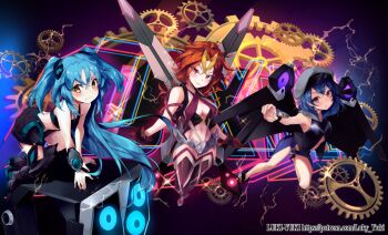 3girls black_background black_shirt black_skirt blue_hair boots breasts character_request cleavage closed_mouth gears gloves highres long_hair looking_at_viewer lukyyuki medium_breasts medium_hair minazuki_excel multiple_girls red_boots red_eyes red_gloves red_shirt shirt skirt small_breasts smile sorachi_makina two_side_up usuki_daina wixoss wixoss_diva(a)live yellow_eyes