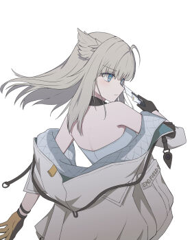 Rule 34 | 1girl, animal ears, arknights, arknights: endfield, backless dress, backless outfit, bare shoulders, bird ears, bird girl, black gloves, blue eyes, caraku, commentary, dress, fingerless gloves, gloves, halter dress, halterneck, highres, jacket, long hair, muted color, off shoulder, open clothes, perlica (arknights), revision, simple background, solo, white background, white dress, white jacket