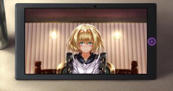 1girl apron armor blonde_hair brown_headband chair chatan_nakiri_(tenka_hyakken) closed_mouth commentary_request frilled_apron frills green_eyes headband highres japanese_armor kappougi looking_at_viewer on_chair patchwork_fat. pov raised_eyebrow short_hair shoulder_armor sode straight-on tablet_pc tearing_up tenka_hyakken upper_body video_call wall_lamp