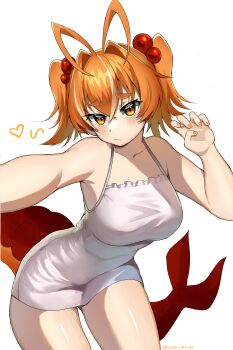 1girl absurdres antenna_hair breasts closed_mouth commentary cowboy_shot crossed_bangs dress english_commentary hair_between_eyes hair_intakes hair_ornament hand_up heart highres leiden_yaegore looking_at_viewer medium_breasts orange_eyes orange_hair original selfie short_dress short_hair simple_background sleeveless sleeveless_dress solo tail thighs twintails white_background white_dress