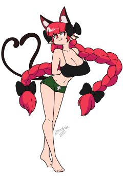 1girl :3 alternate_costume animal_ear_fluff animal_ears arms_behind_back barefoot black_bow black_tank_top blunt_bangs bow braid breasts cat_ears cat_tail cleavage closed_mouth commentary commentary_request english_commentary extra_ears full_body green_shorts groin hair_bow heart heart_tattoo highres kaenbyou_rin large_breasts long_hair looking_at_viewer multiple_tails navel pointy_ears red_eyes red_hair shorts side_braids simple_background solo tail tank_top tattoo touhou twin_braids two_tails very_long_hair white_background zedrin