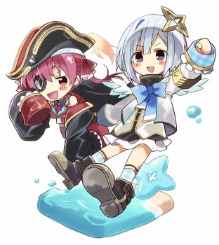 2girls :d amane_kanata amane_kanata_(1st_costume) angel_wings arm_up ascot beach bicorne black_boots black_coat blue_bow blue_bowtie blue_hair blush_stickers boots bow bowtie chibi chibi_only clenched_hand coat colored_inner_hair cropped_jacket eyepatch feathered_wings full_body gingham_socks grey_hair hair_ribbon halo hat highres hololive houshou_marine houshou_marine_(1st_costume) jacket miniskirt multicolored_hair multiple_girls nabisuko25 off_shoulder open_mouth pirate_hat purple_eyes red_ascot red_eyes red_hair red_jacket ribbon short_hair skirt sleeveless sleeveless_jacket sleeves_past_wrists smile star_halo turtleneck twintails virtual_youtuber water white_background white_jacket wings