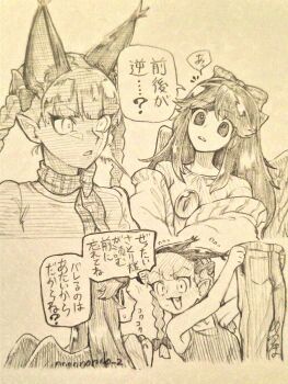 2girls absurdres alternate_costume animal_ears bow cat_ears cat_girl commentary_request extra_ears fang greyscale hair_bow hair_flaps highres kaenbyou_rin long_hair menotama monochrome multiple_girls open_mouth pants reiuji_utsuho sidelocks signature third_eye touhou traditional_media translation_request wings