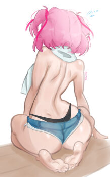 1girl absurdres arm_support artist_name ass back back_focus bare_back barefoot black_panties blue_shorts bob_cut commentary denim denim_shorts dimples_of_venus doki_doki_literature_club emiillb english_commentary facing_away feet flying_sweatdrops from_behind hair_ribbon highleg highleg_panties highres kneeling knees_apart_feet_together leaning_to_the_side loose_hair_strand lowleg lowleg_shorts messy_hair natsuki_(doki_doki_literature_club) on_floor panties pink_hair pink_ribbon ribbon shiny_skin short_hair short_shorts shorts shoulder_blades signature simple_background soles solo toes topless_female towel towel_around_neck twitter_username two_side_up underwear whale_tail_(clothing) white_background wooden_floor