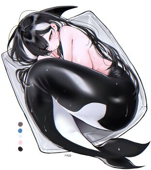1girl absurdres black_hair breasts cetacean_tail fetal_position fins fish_tail haze_(7h4ze) highres large_breasts lying mermaid monster_girl on_side orca orca_(haze_(7h4ze)) orca_girl original sitting solo tail topless_female wet whale_girl white_eyes