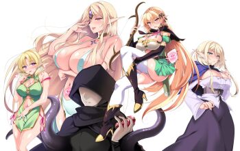 4girls ass black_capelet blonde_hair blue_capelet blue_eyes boots braid breasts capelet cleavage cloak clothing_cutout dress earrings elf elf_chief_(ninoko) elf_ni_inmon_wo_tsukeru_hon garter_straps glowing glowing_tattoo green_dress green_skirt hair_ribbon heart heart-shaped_pupils highres hip_vent huge_breasts jewelry large_breasts long_skirt misty_(ninoko) multiple_earrings multiple_girls navel navel6shirt ninoko official_art pointy_ears pubic_tattoo purple_eyes purple_skirt red_eyes revealing_clothes ribbon sidelocks simple_background skirt stomach sylpha_(ninoko) symbol-shaped_pupils tattoo tentacles thick_thighs thighhighs thighs white_background white_garter_straps white_thighhighs wide_hips yellow_eyes