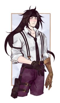 Rule 34 | 1boy, belt, black belt, black gloves, black hair, black headband, black necktie, border, clawed gauntlets, closed mouth, collared shirt, cowboy shot, cropped legs, final fantasy, final fantasy vii, final fantasy vii: ever crisis, gloves, grey background, headband, highres, holster, long hair, looking at viewer, male focus, metal gloves, necktie, official alternate costume, pants, purple pants, red eyes, robasarel, shirt, sleeves rolled up, solo, suspenders, thigh holster, vincent valentine, vincent valentine (formal attire), white border, white shirt