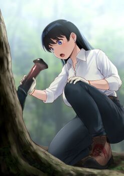 1girl ankle_boots arato_nagi black_hair blue_eyes boots breasts brown_boots collared_shirt commentary_request denim earrings forest jeans jewelry large_breasts long_hair mushroom nature on_one_knee open_mouth outdoors pants penis-shaped_food ruri_no_houseki shirt simulated_handjob solo stud_earrings wa_(genryusui) white_shirt