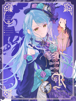 1girl absurdres aqua_hair bang_dream! blue_dress blue_flower blue_hat blue_rose center_frills clock clothing_cutout commentary dress flower frills green_eyes hat highres hikawa_sayo inset_border lantern long_hair looking_at_viewer rose shoulder_cutout sidelocks solo yue_mao_(yukinihime)