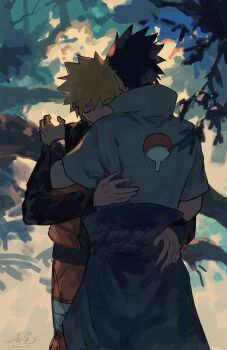 2boys absurdres bandaged_leg bandages black_hair black_sleeves blonde_hair closed_eyes facial_mark forest haruiro_(hrm_ino) highres hug male_focus multiple_boys naruto_(series) naruto_shippuuden nature orange_pants pants popped_collar rope_belt shirt short_hair short_sleeves spiked_hair uchiha_sasuke upper_body uzumaki_naruto whisker_markings white_shirt yaoi