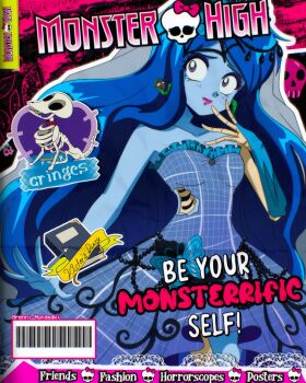 1990s_(style) 1girl bare_shoulders black_hair blue_hair blue_skin breasts brenni_murasaki bridal_veil bride cleavage colored_skin corpse_bride cosplay dress emily_(corpse_bride) flower hair_ornament highres long_hair looking_at_viewer monster_high parody retro_artstyle skeletal_arm smile solo undead veil wedding_dress