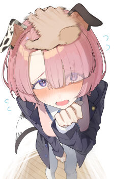 1girl absurdres arimura_mao black_jacket collared_shirt commentary_request disembodied_hand gakuen_idolmaster hand_up headpat highres idolmaster inoshishi969 jacket looking_at_viewer lower_teeth_only open_mouth pants pov purple_eyes shirt simple_background solo_focus teeth tongue white_background white_pants white_shirt