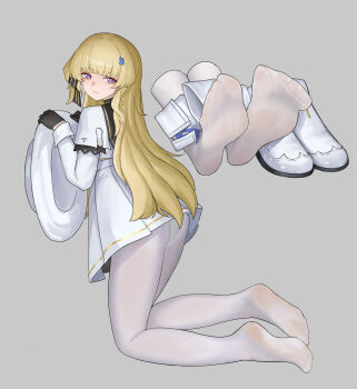 1girl absurdres blonde_hair boots feet hat highres long_hair looking_at_viewer pantyhose phoebe_(wuthering_waves) purple_eyes sa-baaa shoes soles toes unworn_boots unworn_hat unworn_headwear unworn_shoes white_pantyhose wuthering_waves