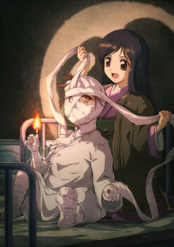 2girls absurdres aged_down bandaged_arm bandaged_leg bandages bandaid bandaid_on_face bed brown_eyes brown_hair chibi devilman devilman_lady fire fudou_jun highres hospital_bed japanese_clothes kimono multiple_girls open_mouth pyrokinesis smile