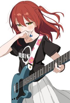 1girl absurdres band_shirt black_shirt blush bocchi_the_rock! bracelet clothes_writing collarbone commentary_request cowboy_shot electric_guitar green_eyes guitar guitar_strap hair_between_eyes half-closed_eyes hand_up highres holding holding_guitar holding_instrument holding_plectrum instrument jewelry jie-se_(kuai_mian_biao) kessoku_band_t-shirt kita_ikuyo long_hair looking_at_viewer merchandise one_side_up pleated_skirt plectrum red_hair shirt short_sleeves simple_background skirt solo sweatdrop t-shirt white_background white_skirt wiping_mouth
