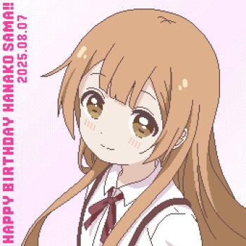 1girl brown_eyes brown_hair collared_shirt commentary_request dated from_side happy_birthday highres long_hair looking_at_viewer neck_ribbon oomuro-ke oomuro_hanako pixel_art red_ribbon ribbon round_collar rounded_collar shirt simple_background smile solo suspenders upper_body white_shirt yuru_kaze yuruyuri