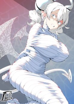 1girl absurdres arms_behind_back breasts clenched_teeth crying crying_with_eyes_open demon_girl demon_horns demon_tail demon_wings duel_monster grey_eyes grey_hair highres horns kneeling large_breasts looking_at_viewer lovely_labrynth_of_the_silver_castle mummification_(bound) signature solo tail tama_amata tears teeth wings yu-gi-oh!