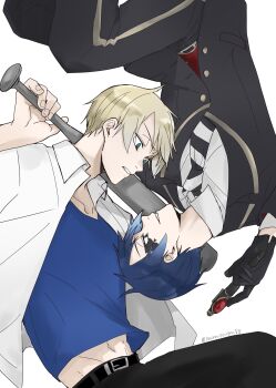Rule 34 | 2boys, absurdres, age comparison, alternate hair color, baseball bat, belt, blazer, bleached hair, blonde hair, blue hair, blue shirt, collared shirt, commentary request, cowboy shot, delinquent, deuce spade, dual persona, eye contact, facial mark, feet out of frame, furrowed brow, gloves, gold trim, highres, holding, holding baseball bat, holding pen, jacket, lapels, leather, leather gloves, looking at another, male focus, metal baseball bat, midriff peek, multiple boys, night raven college school uniform, notched lapels, open clothes, open shirt, parted bangs, partially unbuttoned, pen, rotational symmetry, scowl, shirt, short hair, simple background, spade (shape), spade facial mark, twisted wonderland, twitter username, two-sided fabric, v-shaped eyebrows, vest, waistcoat, white background, youyouyouyou88