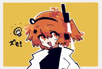 1girl a.i._voice adachi_rei adpx border commentary jacket light_bulb looking_at_viewer one_side_up open_clothes open_jacket open_mouth orange_eyes orange_hair simple_background solo upper_body utau white_border yellow_background