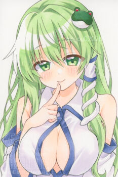 1girl bare_shoulders breasts center_opening closed_mouth collared_shirt commentary detached_sleeves frog_hair_ornament green_eyes green_hair hair_between_eyes hair_ornament hair_tubes highres kochiya_sanae large_breasts long_hair long_sleeves looking_at_viewer shirt single_hair_tube smile snake_hair_ornament solo symbol-only_commentary touhou twitter_username upper_body watermark white_background white_shirt white_sleeves wide_sleeves yuiki_(cube)