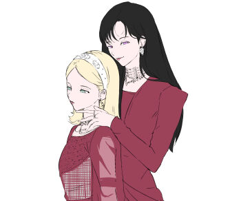 12_07sh 2girls absurdres black_hair blonde_hair blue_eyes commentary dress earrings eunha_(gfriend) gfriend hairband highres jewelry long_hair long_sleeves looking_at_viewer medium_hair multiple_girls necklace purple_eyes red_dress simple_background smile sowon_(gfriend) upper_body white_background