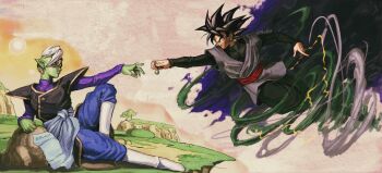 2boys absurdres aura black_hair black_pants black_shirt colored_skin dougi dragon_ball dragon_ball_super earrings electricity fine_art_parody goku_black green_skin grey_tunic highres holding_earrings jewelry kornart male_focus mohawk multiple_boys pants parody pointy_ears potara_earrings shirt spiked_hair the_creation_of_adam tunic white_hair zamasu