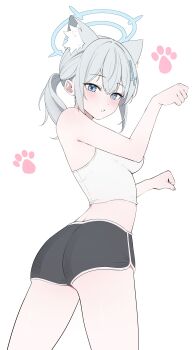1girl :o absurdres animal_ear_fluff animal_ears black_shorts blue_archive blue_eyes blue_halo blush breasts camisole commentary cross_hair_ornament grey_hair hair_ornament halo highres looking_at_viewer medium_breasts midriff mismatched_pupils paw_print rable shiroko_(blue_archive) short_hair shorts simple_background solo standing thighs white_background white_camisole