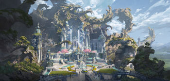 4boys 5girls absurdres angel_wings architecture ayaxno bridge chinese_commentary cloud cloudy_sky commentary_request dragon_girl dragon_horns dragon_tail flock forest fountain grand_scale halo highres horns mountain multiple_boys multiple_girls nature original outdoors palace scenery sky statue tail tree water weapon wings