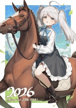 1girl 2026 ahoge blue_bow blue_sky boots bow brown_boots brown_eyes chinese_zodiac commentary_request dress expressionless grey_hair highres holding holding_reins horse horseback_riding leaf long_hair looking_at_viewer mountainous_horizon open_mouth original reins riding sky translation_request twintails wagashi928 year_of_the_horse