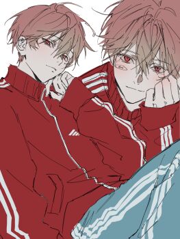 0k_sic 1boy adidas blue_pants closed_mouth double-parted_bangs elbow_on_thigh hair_between_eyes highres jacket looking_at_viewer male_focus multiple_views original pants pink_hair red_eyes red_jacket simple_background sleeves_past_wrists striped_clothes striped_jacket striped_pants vertical-striped_clothes vertical-striped_jacket vertical-striped_pants white_background