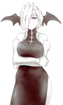 Rule 34 | 10s, 1girl, bad id, bad pixiv id, bare shoulders, black dress, blush, boku no hero academia, breasts, china dress, chinese clothes, closed mouth, crossed arms, curvy, detached sleeves, dragon girl, dress, ear piercing, earrings, elbow gloves, embarrassed, facing viewer, female focus, gloves, greyscale, half-closed eyes, head wings, headband, jewelry, large breasts, looking away, looking to the side, mask over one eye, monochrome, one eye covered, piercing, ryuukyuu, short hair, shpo, side slit, simple background, solo, standing, tatsuma ryuuko, thick thighs, thighs, turtleneck, turtleneck dress, white background, white gloves, wings