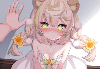 1girl animal_ears bare_shoulders between_breasts blonde_hair blush bow braid breasts chromashift closed_mouth collar collarbone daisy_dandelion diamond-shaped_pupils diamond_(shape) dress flower green_eyes green_hair hair_flower hair_ornament highres kabedon lion_ears lion_girl mol_fire893 multicolored_hair pom_pom_(clothes) pom_pom_hair_ornament second-party_source solo spiked_collar spikes strapless strapless_dress streaked_hair sweat symbol-shaped_pupils twin_braids virtual_youtuber white_collar white_dress yellow_bow yellow_flower