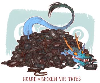 antlers artist_name blue_background blue_scales border colored_sclera commentary creature creature_focus dragon eastern_dragon english_commentary english_text fangs fantasy horns iguanamouth lying no_humans open_mouth orange_eyes orange_sclera original partially_buried pile sharp_teeth slit_pupils tail tail_raised teeth videocassette white_border