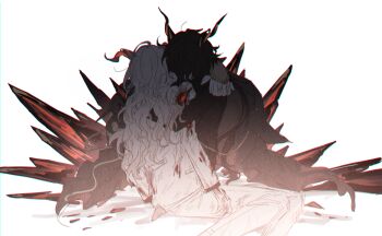 2boys animal_ears arknights black_jacket blood blood_on_clothes commentary ebenholz_(arknights) english_commentary epaulettes feet_out_of_frame goat_boy goat_horns goat_tail grey_hair head_on_another&#039;s_shoulder highres horns hug jacket kreide_(arknights) long_hair male_focus material_growth multiple_boys oripathy_lesion_(arknights) rei_(926qz) simple_background tail torn_clothes white_background white_jacket