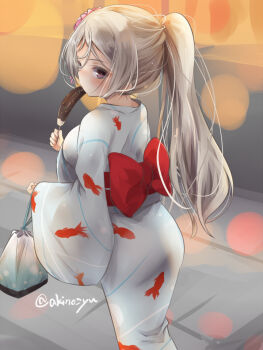 1girl akino_shuu animal_print breasts chocolate-covered_food chocolate_banana commentary_request conte_di_cavour_(kancolle) conte_di_cavour_(yukata)_(kancolle) fish_print food goldfish_print grey_hair japanese_clothes kantai_collection kimono large_breasts long_hair solo yukata