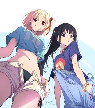 2girls bikini bikini_bottom_under_shorts bikini_under_clothes black_hair blonde_hair blue_background blue_overalls blue_shirt bracelet breasts closed_mouth crop_top from_below hands_in_pockets highres inoue_takina jewelry large_breasts long_hair looking_at_viewer looking_down lycoris_recoil multiple_girls navel nii_manabu nishikigi_chisato open_clothes open_fly open_shorts overall_shorts overalls ponytail print_shirt purple_eyes red_eyes shirt short_hair short_shorts short_sleeves shorts simple_background smile stomach swimsuit thighs tied_shirt