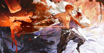 1boy 1girl abs artoria_caster_(fate) artoria_caster_(second_ascension)_(fate) artoria_pendragon_(fate) bone cape emiya_shirou fate/grand_order fate_(series) gloves highres holding holding_staff holding_weapon igote japanese_clothes kalak_39 katana long_hair long_sleeves magic_circuit male_focus nagatekkou orange_hair ribs senji_muramasa_(fate) short_hair single_bare_shoulder skeletal_arm staff staff_of_selection_(fate) sword toned toned_male topless_male twintails weapon white_cape wristband