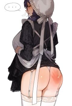 ... 1girl absurdres apron ass black_dress blue_eyes blue_hair braid breasts clothes_lift dress dress_lift embroidered_dress frilled_hat frills from_behind garter_straps hair_over_shoulder handprint hat highres hololive hololive_english huge_breasts iver_(reviolet) juliet_sleeves lace lace-trimmed_thighhighs lace_trim long_dress long_hair long_sleeves looking_at_viewer looking_back low_twin_braids maid maid_apron mob_cap official_alternate_costume official_alternate_hairstyle ouro_kronii ouro_kronii_(maid) panties puffy_sleeves simple_background slap_mark solo thighhighs thong twin_braids underwear victorian_maid virtual_youtuber white_background white_hat white_panties white_thighhighs