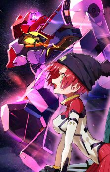 1girl amate_yuzuriha aqua_eyes bodysuit breasts glowing glowing_eyes gquuuuuux green_eyes gundam gundam_gquuuuuux hat highres mecha mecha_pilot_suit mobile_suit multicolored_bodysuit normal_suit_(gundam) open_mouth piloting red_hair robot science_fiction short_hair taigaai4649 v-fin