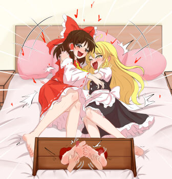 +++ 1054945689 2girls 2others absurdres apron ascot barefoot bed black_skirt black_vest blonde_hair blush bow braid brown_eyes brown_hair chinese_commentary commentary_request detached_sleeves frilled_bow frilled_hair_tubes frilled_skirt frills hair_bow hair_tubes hakurei_reimu heart highres kirisame_marisa laughing long_hair missing_headwear multiple_girls multiple_others on_bed open_mouth puffy_short_sleeves puffy_sleeves red_bow red_skirt ribbon-trimmed_skirt ribbon-trimmed_sleeves ribbon_trim short_sleeves side_braid single_braid skirt skirt_set smile soles stocks tickling tickling_feet toes touhou vest waist_apron white_apron white_bow yellow_ascot yellow_eyes