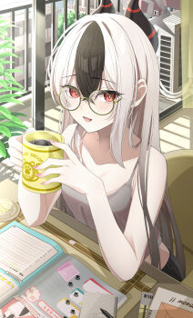 1girl absurdres alternate_costume black_hair blue_archive blush coffee coffee_mug cup demon_girl demon_horns glasses green-framed_eyewear grey_tank_top hair_between_eyes hair_down highres holding holding_cup horns kayoko_(blue_archive) long_hair looking_at_viewer mug multicolored_hair nano12xx5 open_mouth pink_nails red_eyes round_eyewear sidelocks sitting solo tank_top two-tone_hair white_hair