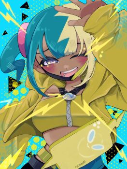 1girl ;d blonde_hair blue_background blue_hair blush canari_(pokemon) crop_top dark-skinned_female dark_skin eyelashes gen_4_pokemon highres jacket kininaru_ano_ko long_sleeves looking_at_viewer multicolored_hair nintendo one_eye_closed open_clothes open_jacket open_mouth pokemon pokemon_legends:_z-a purple_eyes rotom rotom_phone sleeves_past_wrists smile teeth two-tone_hair upper_body yellow_jacket