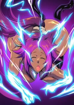 1girl 2024 alternate_form black_thighhighs bleach bleach:_sennen_kessen-hen breasts closed_eyes dark-skinned_female dark_skin electricity electrokinesis female_focus hair_ears highres large_breasts nude open_mouth ponytail purple_background purple_hair shihouin_yoruichi shiny_skin simple_background tail thighhighs wide_hips young_pvch